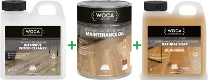PROMOCJA ZESTAW: Woca Intensive Wood Cleaner 1L intensywne mycie + Woca Maintenance Oil Natural 1L olej odświeżający/regeneracyjny + Woca Soap Natural 1L mydło do podłóg olejowanych